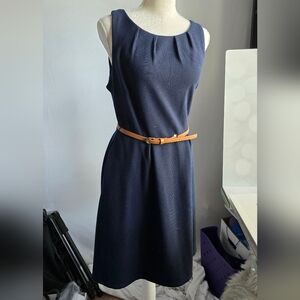 Merona Navy Blue Midi Dress with Tan Belt
